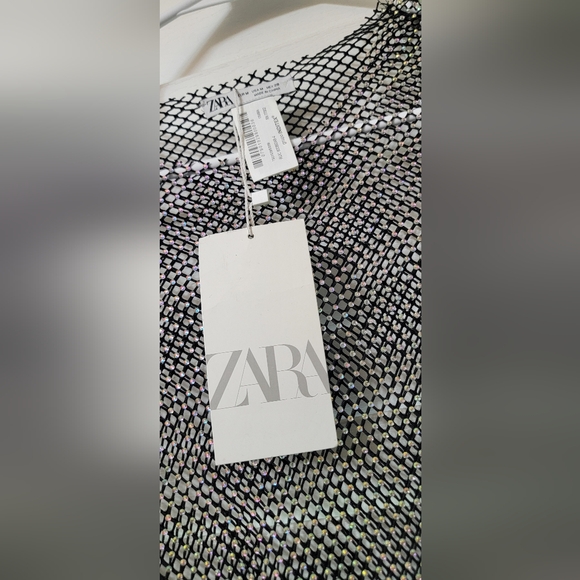 ZARA Net Mesh Crochet Rhinestone Iridescent Crystal Sheer Long Sleeve Bodysuit - Picture 6 of 8